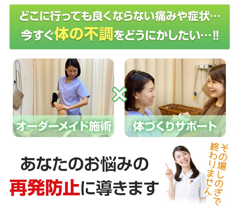 オーダーメイド施術と体づくりサポートで再発防止へ
