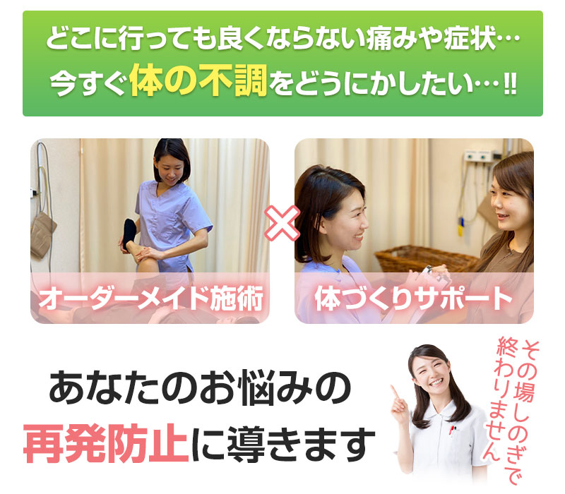 オーダーメイド施術と体づくりサポートで再発防止へ